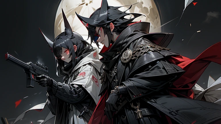 There were twins who belonged to an evil secret society.。They are wearing black and white coats。２Everyone was wearing a masquerade mask。２People with guns、Shooting bullets at you。Jet black sky and moon、In the glittering neon city。You will fall。２Death awaits those targeted by others。