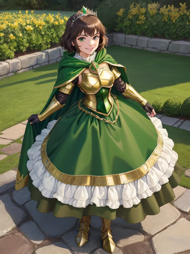 masterpiece, best quality:1.2), 1girl, smile, looking at viewer, green eyes, short brown hair, princess, armor, , pauldrons, armored dress, green cloak cape, wearing puffy blue ballgown skirt, golden tiara with green gem, armored boots, fingerless gloves, standing in medieval garden