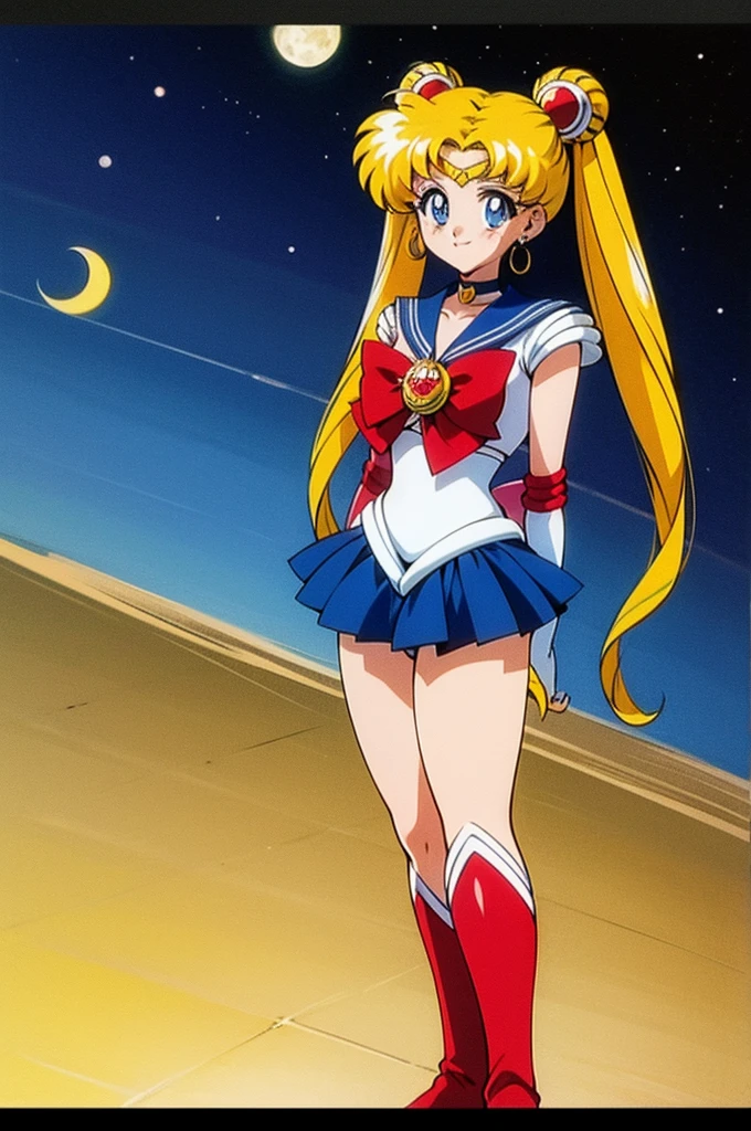 masterpiece, best quality, 1girl, solo, looking at viewer, anime screencap,1990s \(style\), (art by Naoko Takeuchi), EPsmSailorMoon, blonde hair, blue eyes, long hair, very long hair, twintails, hair bun, double bun, miniskirt, choker, bow, crescent earrings, starry sky, knee boots, red choker, white gloves, moon, red bow, sky, magical girl, elbow gloves, star (symbol), closed mouth, earrings, full body, back bow, jewelry, boots, star (sky), sailor senshi uniform, crescent, crescent moon, blue sailor collar, smile, gloves, sailor collar, blue skirt, red footwear, skirt, pleated skirt, standing, idle, hands down