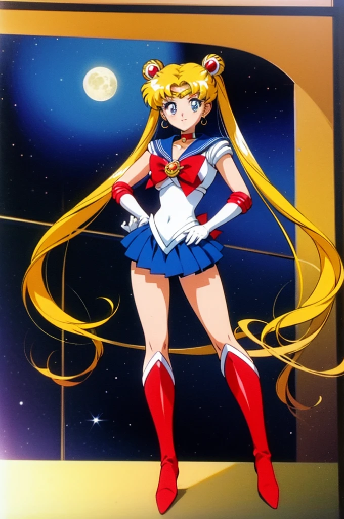 masterpiece, best quality, 1girl, solo, looking at viewer, anime screencap,1990s \(style\), (art by Naoko Takeuchi), EPsmSailorMoon, blonde hair, blue eyes, long hair, very long hair, twintails, hair bun, double bun, miniskirt, choker, bow, crescent earrings, starry sky, knee boots, red choker, white gloves, moon, red bow, sky, magical girl, elbow gloves, star (symbol), closed mouth, earrings, full body, back bow, jewelry, boots, star (sky), sailor senshi uniform, crescent, crescent moon, blue sailor collar, smile, gloves, sailor collar, blue skirt, red footwear, skirt, pleated skirt, standing, idle, hands down