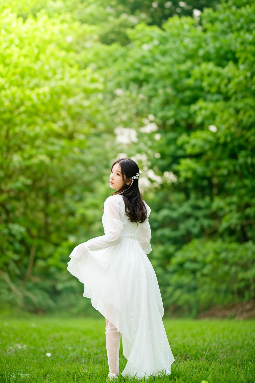 araffe woman in a white dress standing in a field, girl in white dress dancing, wearing a white flowing dress, wearing a cute white dress, flowing white dress, wearing a white dress, twirling, wearing white dress, blur dreamy outdoor, a stunning young ethereal figure, beautiful young korean woman, young asian girl, girl walking in forest