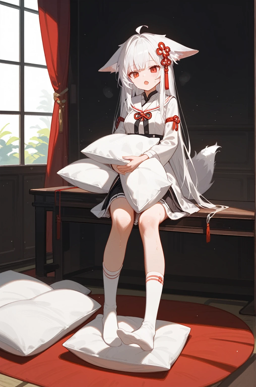 1 girl,,foot,foot底,Red Eyes，breast,solitary,Long hair,White hair,,foot趾,foot部焦点,Looking at the audience,sit,Sweat,open mouth,肮脏的 foot,Keep,indoor,Pillow,Bangs，White knee socks，Fox ears，There&#39;foot的泥土，White clothes，kimono，Japanese style，肮脏的Pillow，Dirty bed，女孩周围堆满Pillow，女孩踩踏2着Pillow，大量Pillow，Pillow上肮脏，,(Deluxe Rococo Canopy King Bed),On a big and spacious bed,(),,,,Luxurious curtains with ornate ruffles and ribbons surround the bed,((((There are many pillows piled on the bed)))),Detail of Quilt,Detailed bed sheets