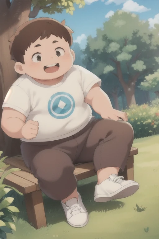 masterpiece,best quality,diamond,1 fat boy,Solitary,Male focus,Brown hair,shirt,Pants,Keep,open mouth,Rest Area,Smile,Short sleeve,White shoes,Sky,forest,cute，overweight，