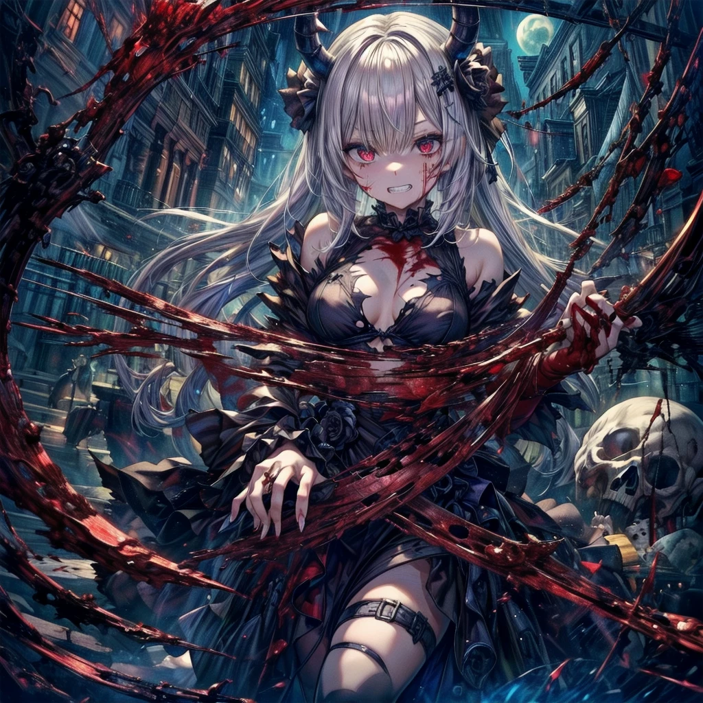 死んだ腐ったBloodに飢えた邪悪なzombie, Girl Venom, 黒い共bornborn物が付着している, Bloodまみれの, Evil look, Psychopathic, Torn clothes, Torn costume, sexy, reveal, Combat Stance, Very detailed, Vibrant appearance, Creative Action, Very detailed, Imaginative, Sensual, Voluntary, Small breasts, sexy, reveal, Highest quality, skinの質感, Intricate details, (Highest quality, masterpiece, 超High resolution), (8k wallpaper, High resolution, High resolution, born), (credibility: 1.4), (whole bodyショット), One girl, ((Anime Girls)),,(Bloodしぶき:1.6), ((Fantasy Witch Costume)), ((Flowing white hair)), ,(Bloodしぶき:1.6),Female curves, Large Breasts, Thick thighs, sexyな平らなお腹, 完璧なhand, 完璧なアニメのface, ((dark lolita dress)), Are standing, ((Wicked Smile)), ,(Bloodしぶき:1.6),In the Victorian city, gaslight, Steam circulates, Moonlight Illumination, night間照明, A sky filled with stars and galaxies,disaster々new devil horns,,(Bloodしぶき:1.6),アニメzombie魔女デザイン, ねじれた笑face、Bloodまみれの、頭からの出Blood、Bloodしぶき、,(Bloodしぶき:1.6),Crossbones, skull, Streetwear Design, Provector, Horror Style, Full Design, Huge breasts, Very detailed, Realistic, Dark fantasy, Gloomy atmosphere, Intricate details, Crazy Smile, 狂ったeye, A cute and luxurious hair band,(masterpiece:1.2, Highest quality), Scary atmosphere、Distorted facial expressions、Horror Art、Bloodの雨、Bloodを流す、Bloodしぶき,(Bloodしぶき:1.6),悪魔のeye、redいeye、scar、火scar、whole body、Torn hair of a woman dressed in slave clothing、（Long Hair）、（eyeにかかる長さの前髪）、Black Hair、（（（eyeの下のクマ）））、青白いskin、Feeling unwell、Pathological、邪悪な笑face、狂ったeye、（Grin）Dramatic makeup，Create mixed media art、,Horror 1 Girl, Open_mouth, , red_eye, Blood, Tilt_red_skin, Injury, Blood_in addition_face, Bandaged_arm, Blood_in addition_zombie, Blood_in addition_hand　, Open your eyelids wide, The trend is all, mouthを大きくOpen, mouthを開けてteethをむき出しにする,獣のような鋭いteeth, Wide lips, 非常に広いmouth, Vermilion cheeks, blonde, ,(Bloodしぶき:1.6),Princess Cut, Ribbon hair ornament, brooch, Otaku Room, Well-built body, Nice body, Ample breasts, Thick body,eyeを大きく開いて、Scary atmosphere、Distorted facial expressions、ねじれた笑face、Bloodまみれの、頭からの出Blood、Bloodしぶき、whole body、,(Bloodしぶき:1.6),Long Hair、Long bangs、Well-built,Broad shoulders,I focus,(face),Messy Hair,いeye,(光るeye),red信号,笑face,big 笑face,teeth,psycho 笑face,gesugao,Dark city background,darkness,night,(close),良いeye, 良いteeth,サディスティックな笑face,,all,光沢のあるskin,詳細なface,Beautiful body,　mouthからの白い息　Luxurious lace long gloves