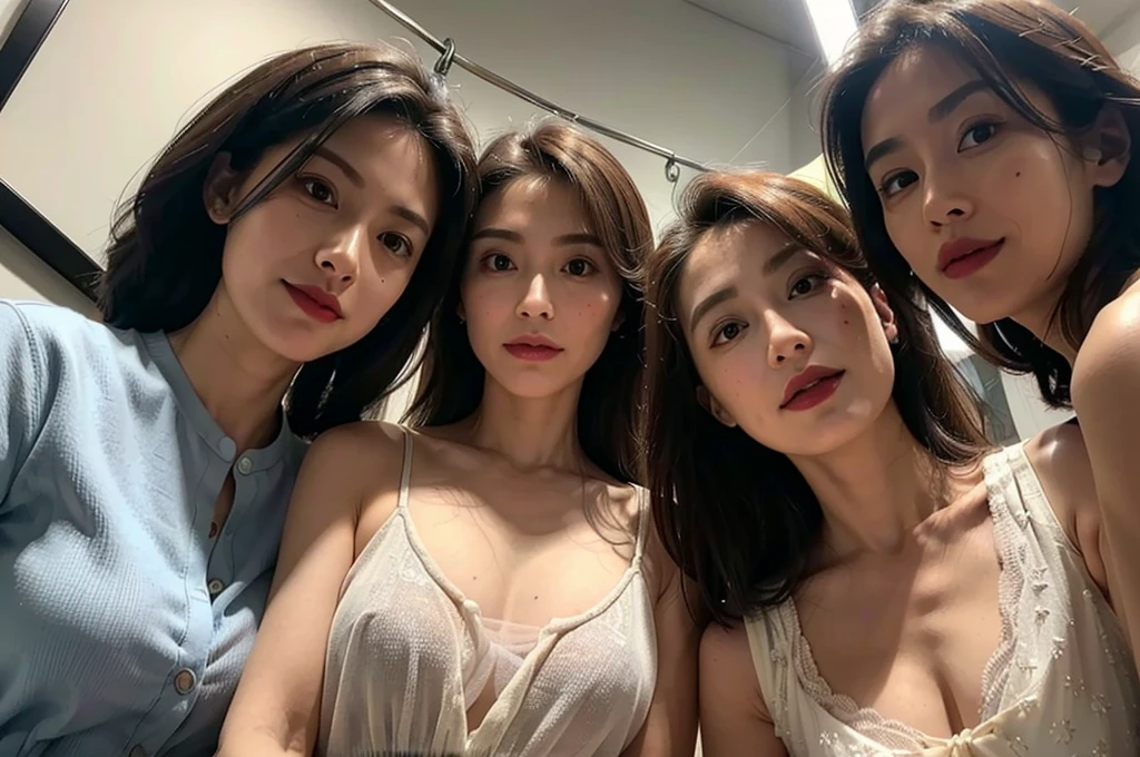 (masterpiece : 1.5), (super detailed : 1.5), (realistic : 1.5), (3 woman : 1.5), (looking down at viewer : 1.3), (view from below : 1.3), (3 woman standing side by side : 1.3), (they are all 60 years old : 1.3), beautiful mother, (they all have face wrinkles : 1.3), (smirking : 1.3), (Each has a different hairstyle), (they all are wearing shirt : 1.1), (in a small fitting room : 1.2), (they all are same height : 1.1), pores, skin blemishes, fleckles, realistic detailed skin, (focus on the chest from below : 1.2)