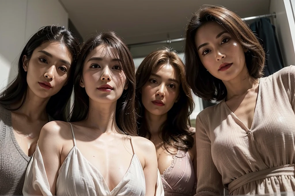 (masterpiece : 1.5), (super detailed : 1.5), (realistic : 1.5), (3 woman : 1.5), (looking down at viewer : 1.3), (view from below : 1.3), (3 woman standing side by side : 1.3), (they are all 60 years old : 1.3), beautiful mother, (they all have face wrinkles : 1.3), (smirking : 1.3), (Each has a different hairstyle), (they all are wearing shirt : 1.1), (in a small fitting room : 1.2), (they all are same height : 1.3), pores, skin blemishes, fleckles, realistic detailed skin, (focus on their breasts : 1.1)
