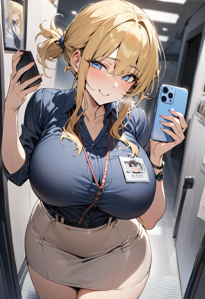 (( straight face picture )) ((best quality)), ((Masterpiece)), (details), ( Bright picture ). Young woman , yellow hair tied up ,blue eyes , Take a picture ,Hold the phone.,name tag, Office lady , photographer , big breasts, big hips , smile