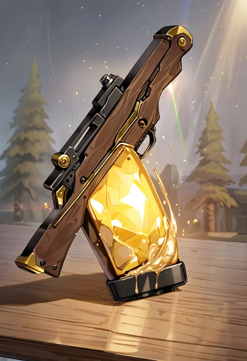 Manga cover style, detailed. best quality, art, detailed face, in the style of lora marvin. A handcrafted laser pistol with a polished metal main body, shaped from thin sheet and cut into the ergonomic shape of a gun handle. The trigger is made of flexible wooden strips, attached to the body with sticky tree sap, giving it a rustic appearance. On the front, there is a bright yellow sunstone crystal, which serves as a power source. A small switch near the crystal controls the flow of energy, allowing the weapon to emit a bright, focused laser beam. the pistol is on a wooden table