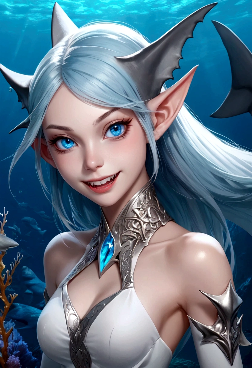 Fantasy Undersea,Shark Elf Girl,blue eyes,Sharp fangs,Shark fin feature on back,look back