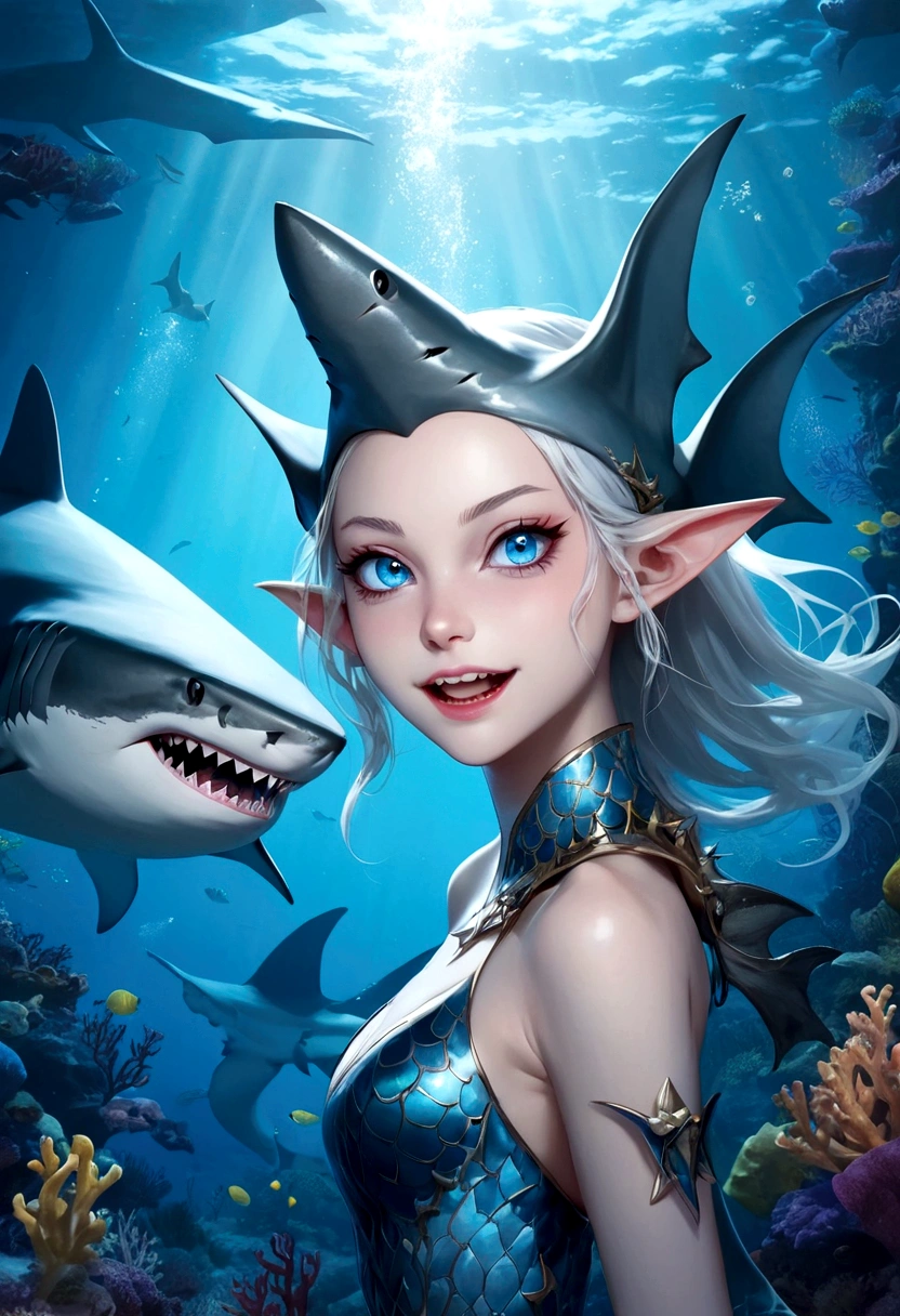 Fantasy Undersea,Shark Elf Girl,blue eyes,Sharp fangs,Shark fin feature on back,look back