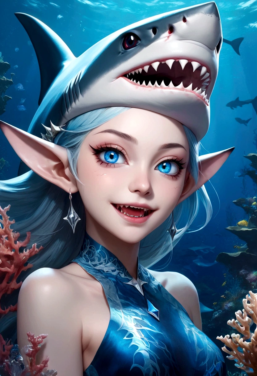Fantasy Undersea，Shark Elf Girl，blue eyes，Sharp fangs，Shark fin feature on back，look back