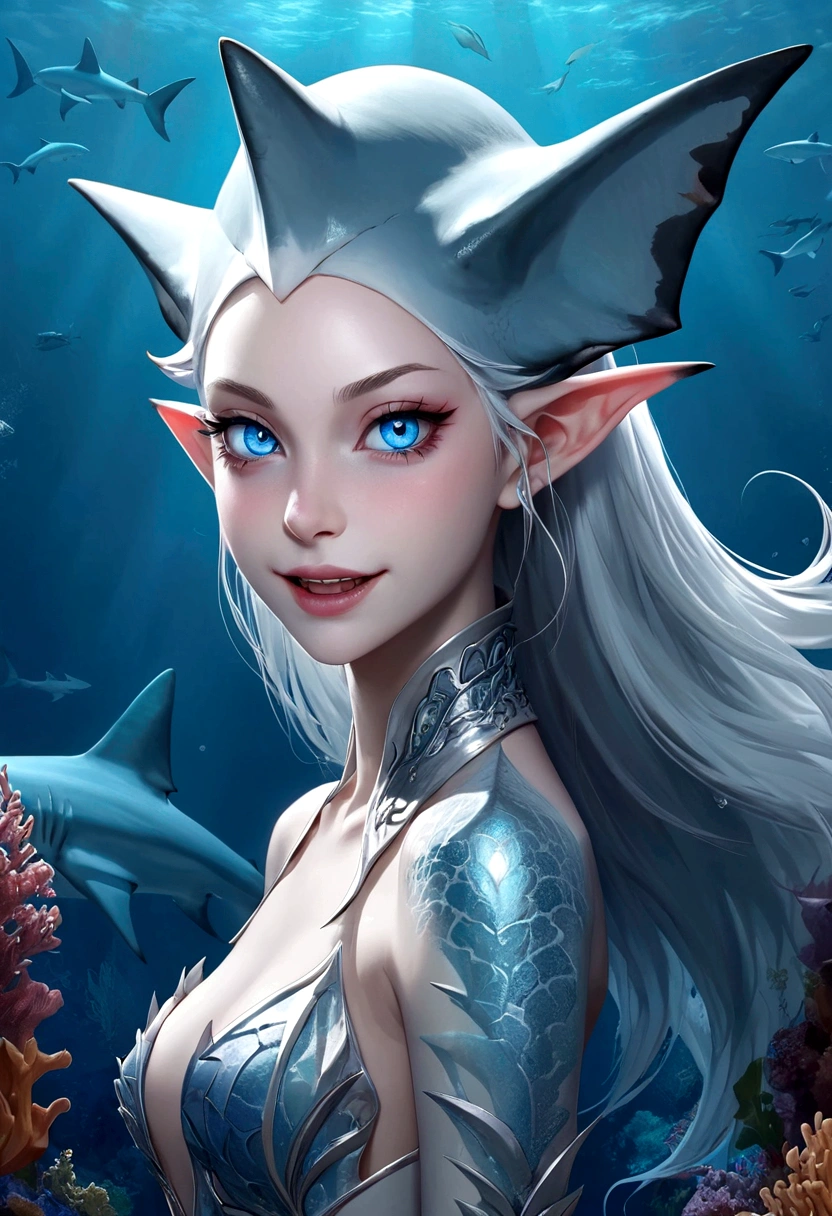 Fantasy Undersea，Shark Elf Girl，blue eyes，Sharp fangs，Shark fin feature on back，look back