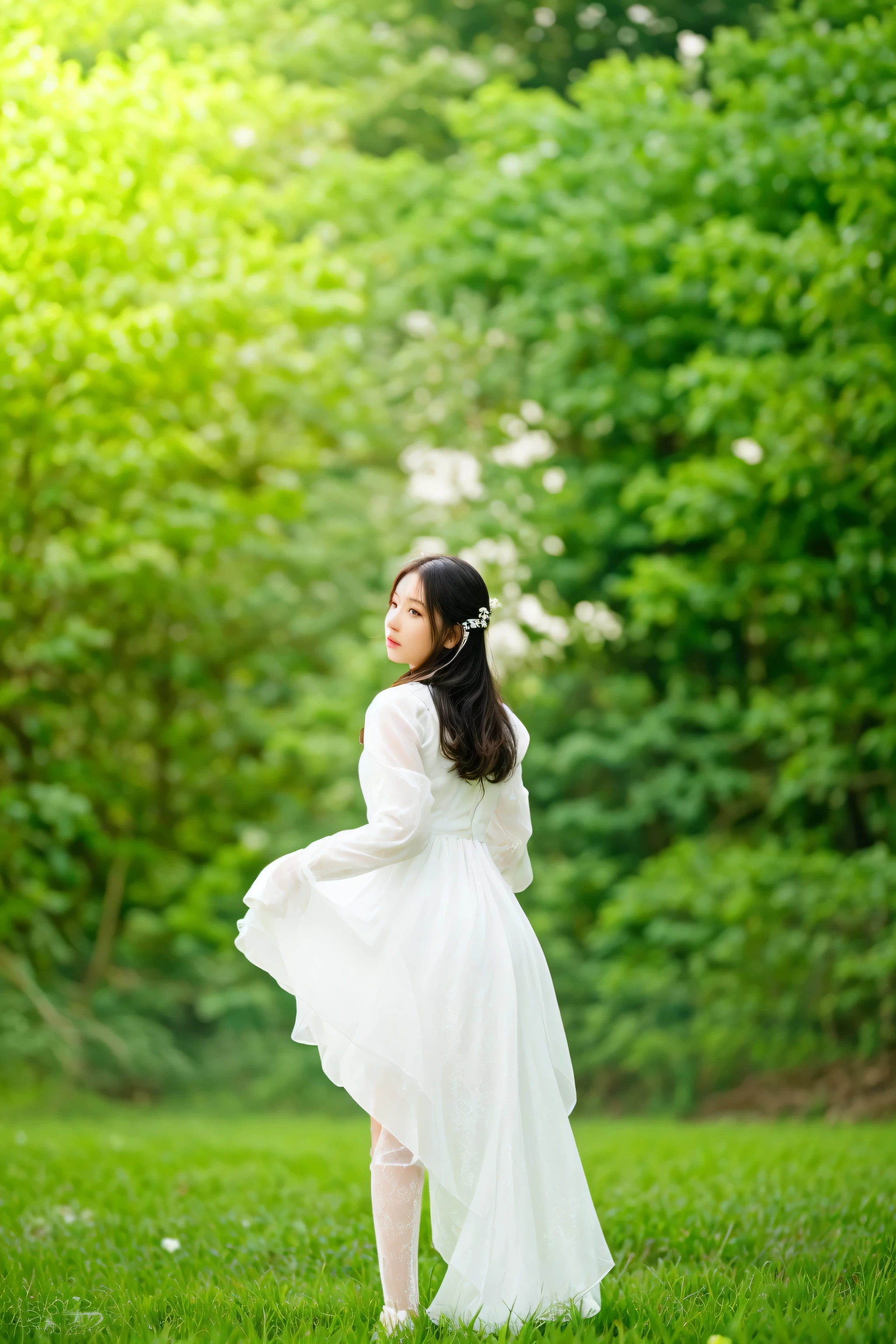 araffe woman in a white dress standing in a field, girl in white dress dancing, wearing a white flowing dress, wearing a cute white dress, flowing white dress, wearing a white dress, twirling, wearing white dress, blur dreamy outdoor, a stunning young ethereal figure, beautiful young korean woman, young asian girl, girl walking in forest