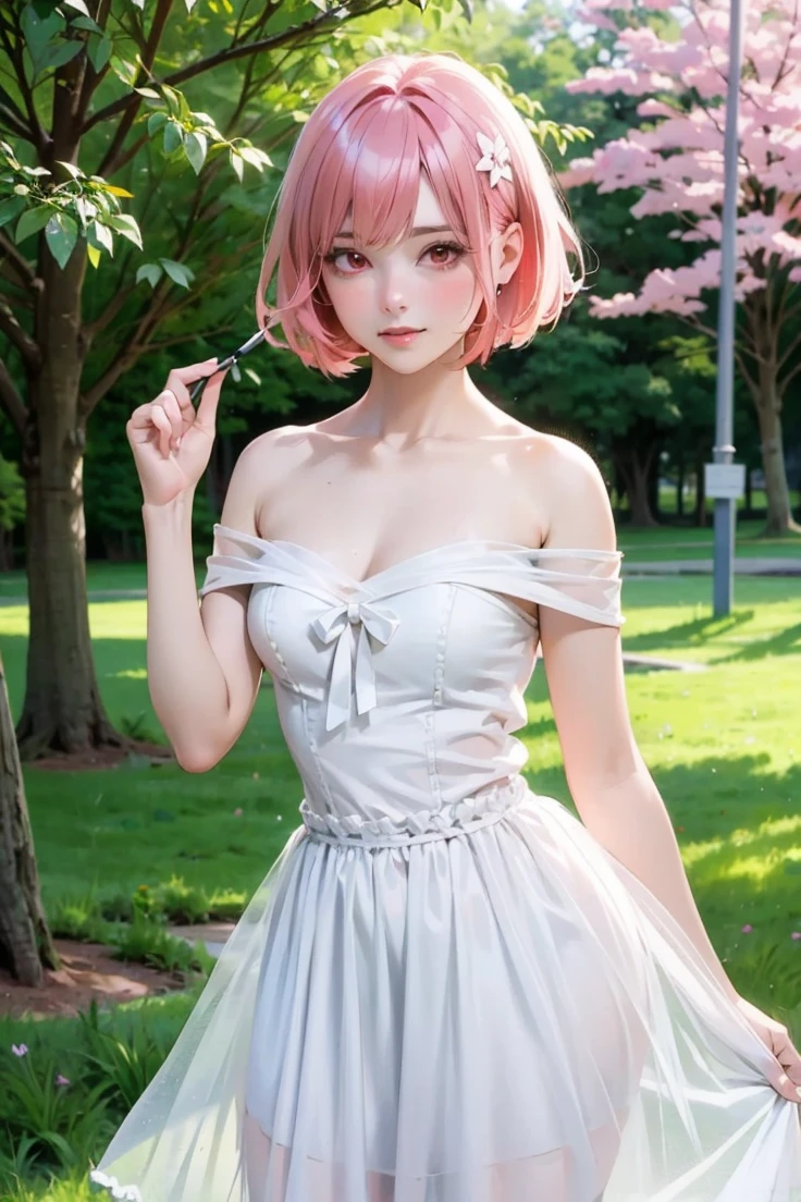 Model rambut Medium Bob cut, dark red hair, red eyes, Wearing a women loli's Doutei wo Korosu Sweater, 16 years. , zoom out, camera angeles low view -45°
