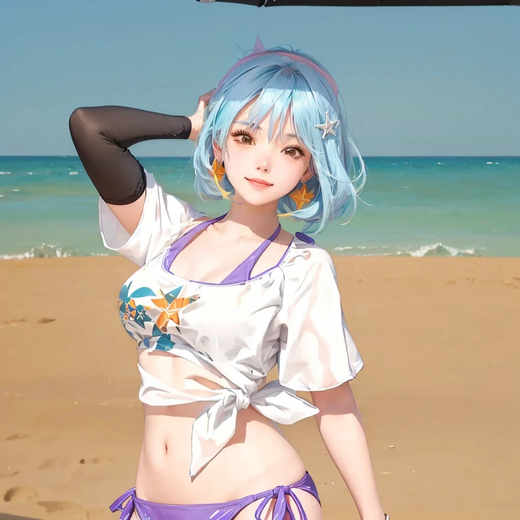 Anime girl in bikini sitting on a beach chair with an umbrella, roupa de banho, Realistic bikini, Impacto de Ayaka Genshin, is wearing a swimsuit, de s da linha de frente, na praia, Melhor Avaliado em Pixiv, Trend in CGTacing:, pixiv 3dcg |, ayaka jogo genshin impact, Relaxando na praia, menina sedutora, Marin Kitagawa Fanart