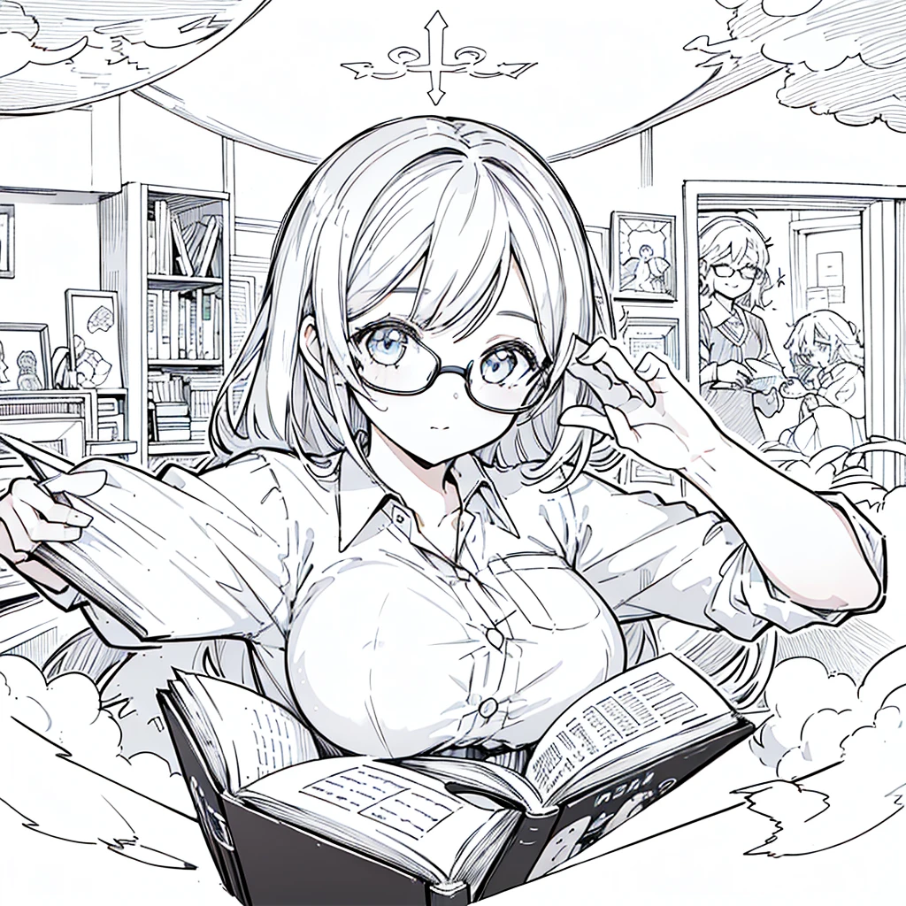 A girl,close up, wearing white shirt, reading a book, (best quality:1.3), (highres:1), (detailed:1.3), (incredible:1.3), (perfect:1.3), (perfection:1.3), (illustration:1.3), she's getting fun while reading it, dynamic on scene,Big Breasts、Glasses