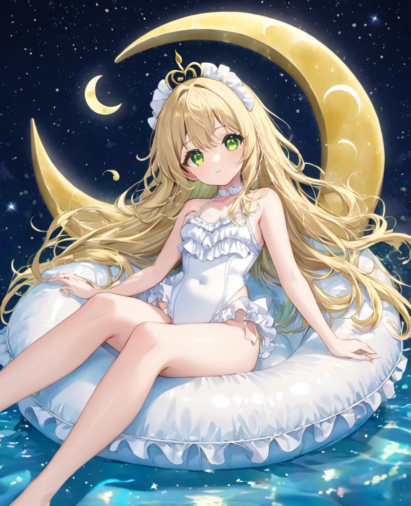 (masterpiece, best quality:1.2), (absurdres, highres, ultra-detailed), (perfect anatomy), 
Beautiful woman、Night Pool、Riding on a cute float、Blonde、Fluffy longhair、Yellow-green eyes、Background glitter、night、Crescent Moon、heart、White frilly swimsuit

(8K, RAW photo:1.2),detailed face and eyes,intricate detail ,masterpiece ,sharp focus, high quality,BREAK,rating: general, newest