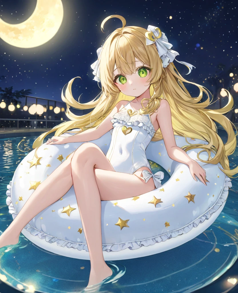 (masterpiece, best quality:1.2), (absurdres, highres, ultra-detailed), (perfect anatomy),
Beautiful woman、Night Pool、Riding on a cute float、Blonde、Fluffy longhair、Yellow-green eyes、Background glitter、night、Crescent Moon、heart、White frilly swimsuit
(8K, RAW photo:1.2),detailed face and eyes,intricate detail ,masterpiece ,sharp focus, high quality,BREAK,rating: general, newest