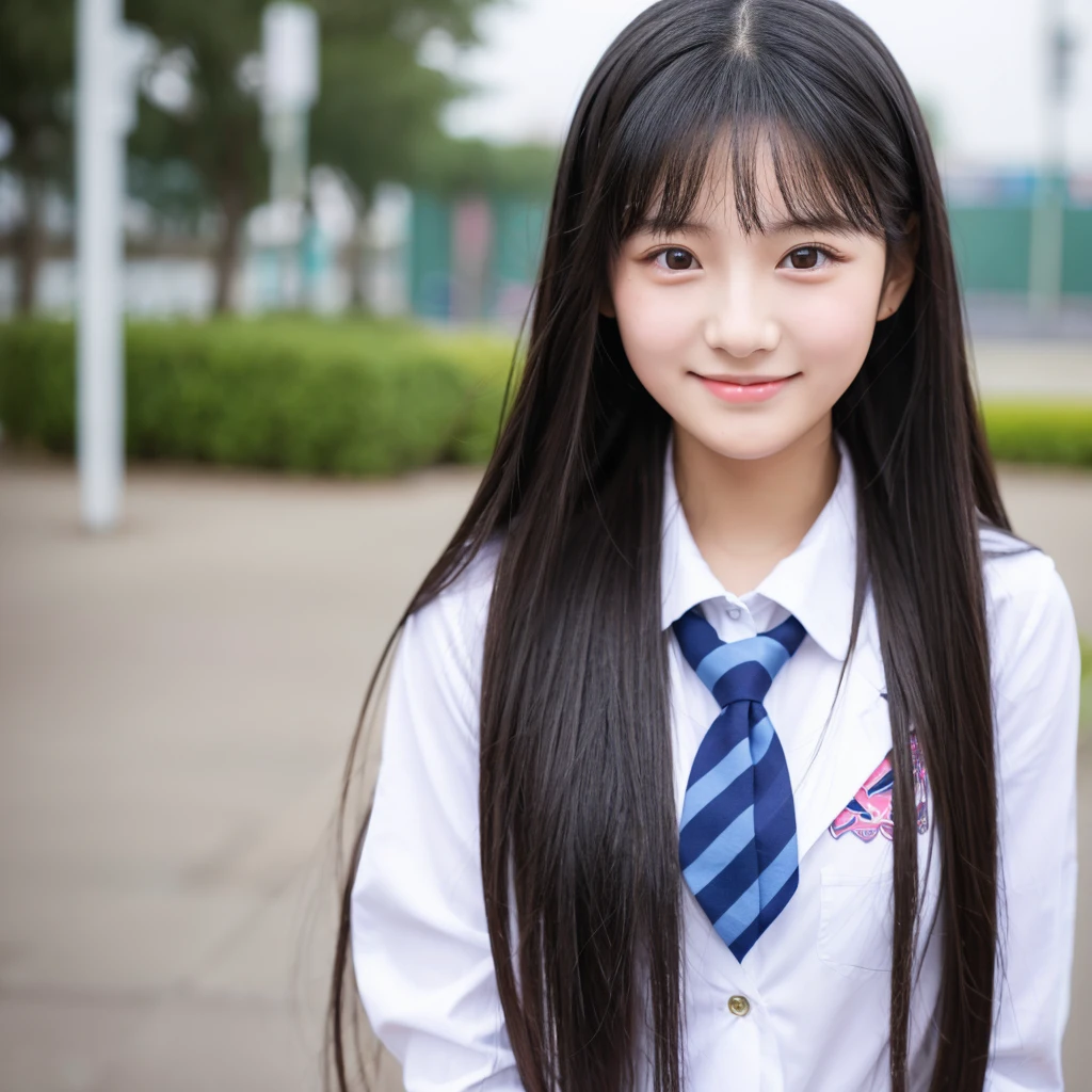 A high school girl with long black hair, a straight nose, beautiful eyes, and a kind and cheerful personality.
