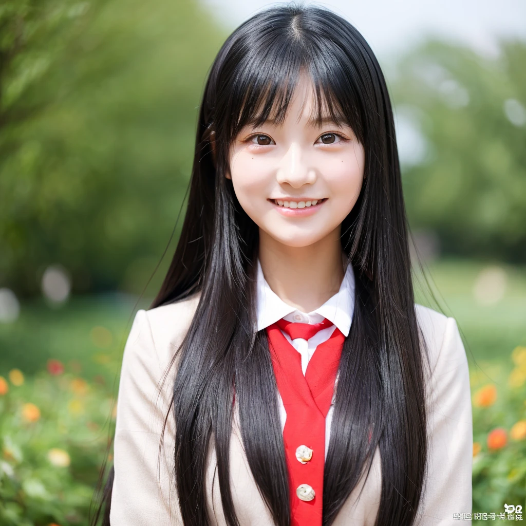 A high school girl with long black hair, a straight nose, beautiful eyes, and a kind and cheerful personality.