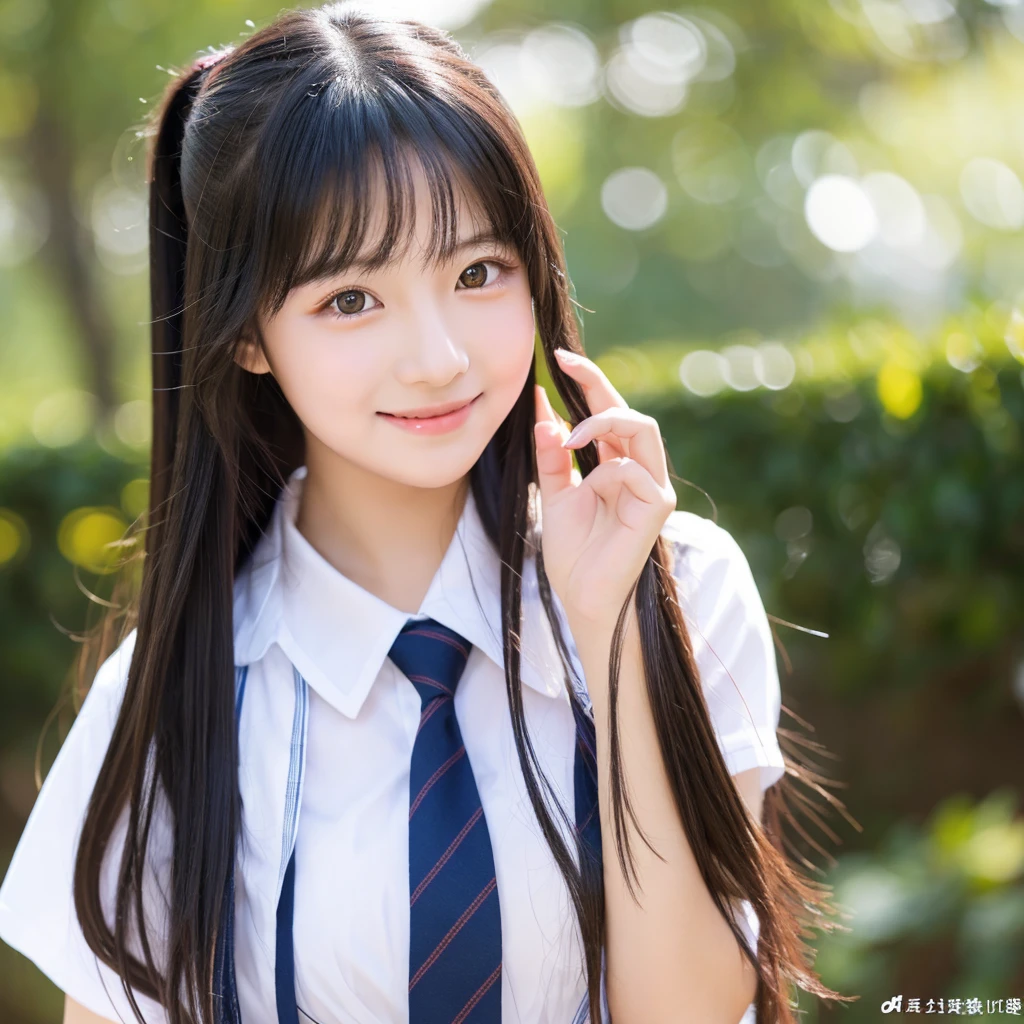 A high school girl with long black hair, a straight nose, beautiful eyes, and a kind and cheerful personality.