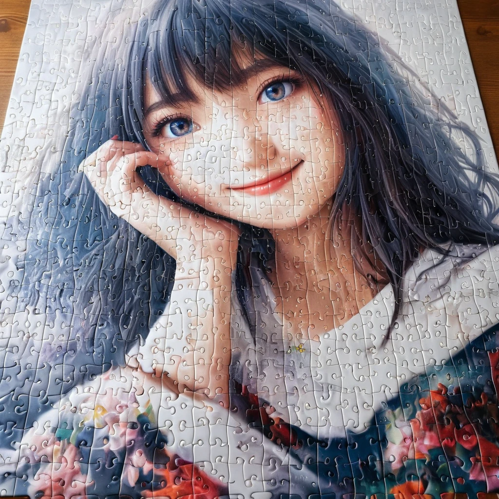 a ultra realistic beautiful photograph, A 500-piece jigsaw puzzle spread out on a table. As each piece is put together, the image of a girl gradually emerges. Her smile, eyes, hair color, and clothing design… everything is depicted in detail. With each completed puzzle, the story of the girl becomes a little clearer.