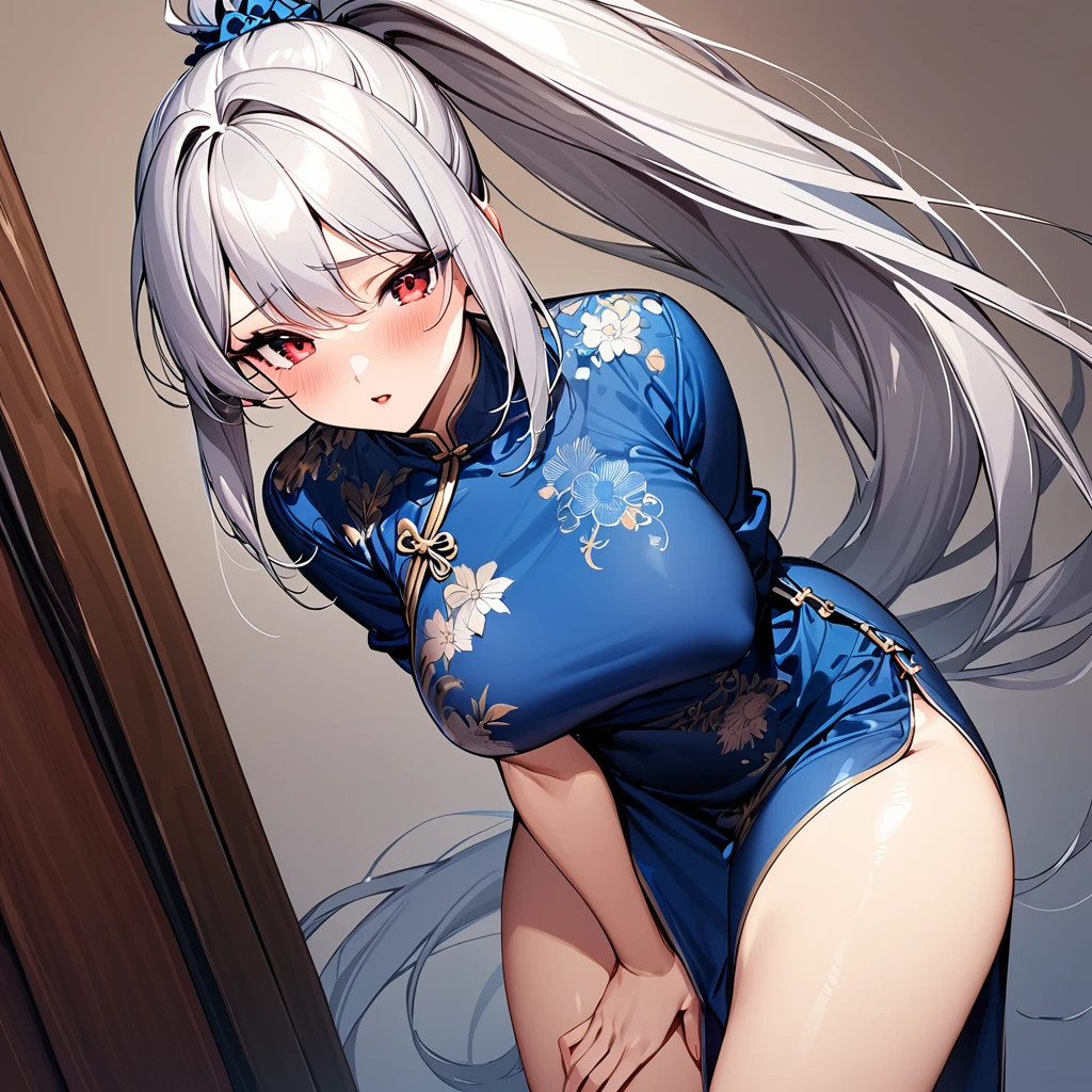 (masterpiece),(Highest quality),(Very detailed),(Best illustrations),(so beautiful), so beautiful長い脚, Thighs, hanging , Silver Hair, Red eyes, Very long hair, High Ponytail, Blue clothes, China dress, Side slits,female masturb