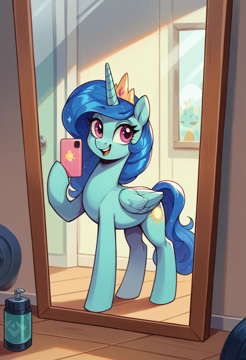 Princess Celestial from my little pony equestrian girls , in the gym , they are taking a mirror selfie showing celestials phone