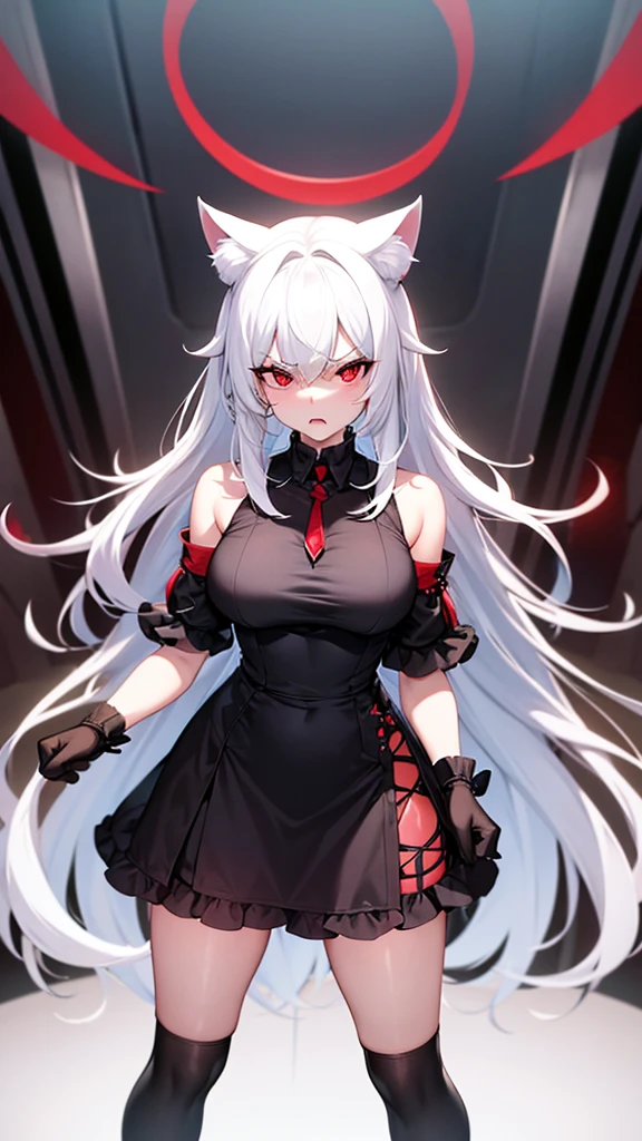 An adult woman, half cat, white hair, red eyes, wide breasts, very angry, standing, in a black dress