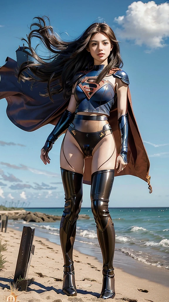 Masterpiece, best quality, NVIDIA RTX, 1girl, full makeups, extremely beautiful, longwavy hair, hair blown by winds, sharp picture, realistic face and skin details, cinematic lightning, facing camera, intricate details, ((Supergirl)), ((tight suit)), ((latex panties:1.3)), ((limbs armor:1.3)), ((wearing tights on your beautiful legs:1.2)), ((Supergirl symbol)), ((cameltoe:1.4)), perfect face, proportional fit body, tall girl , (cape blown by strong winds:1.3), ((full body)), posing in the middle, symmetrical pose, ultra lights reflection, morning at the beach, from below