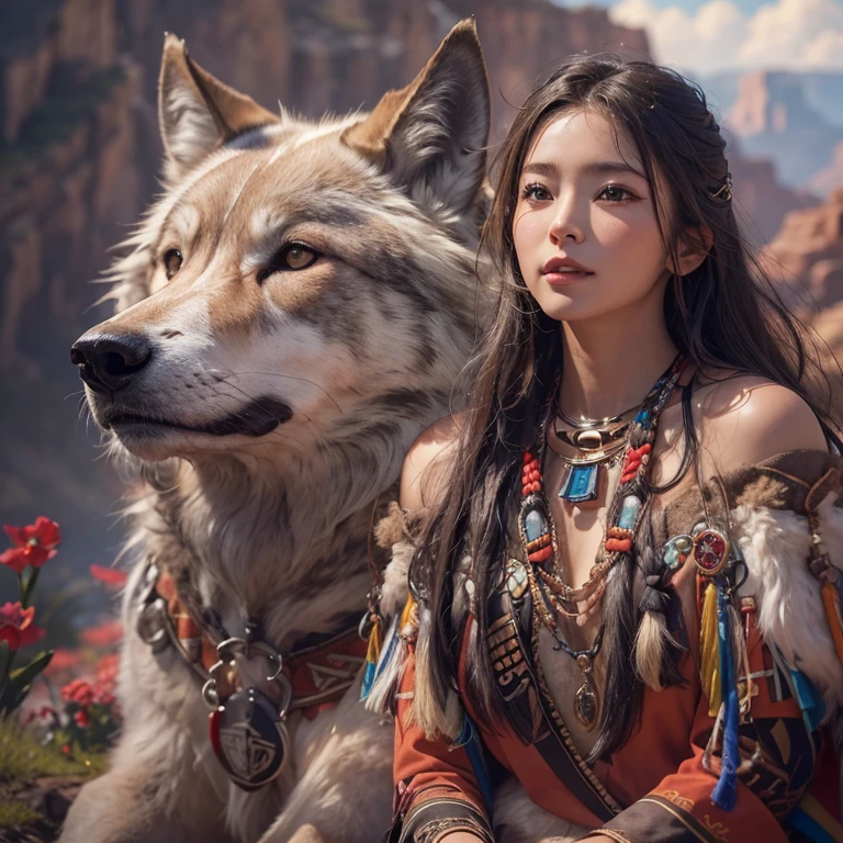 At the Grand Canyon、Hair flow、 ((Highest quality、masterpiece、8K、Best image quality、Ultra-high resolution、Award-winning works)、(Accurate anatomy:1.1)、(Look at me and smile:1.1)、Shining fair skin with Ultra-high resolution、The most detailed face、Ultra-high resolution detailed face、Ultra-high resolutionの髪の毛、(Ultra-high resolutionの煌めく瞳:1.1)、Beautiful face drawn in every detail、(Blurred Background:1.1)、Native American Costume, American Indian Clothing, Chest to chest, tattoo、A real giant condor next to you。The wolf is watching