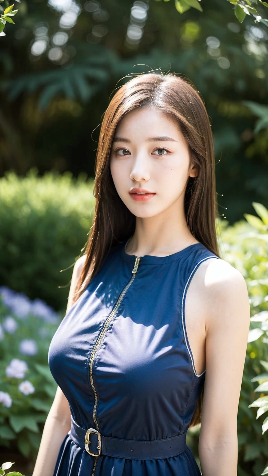 ((Best quality, 8K, masterpiece:1.3)),1girl,18 years old,Asian,Real texture:1.3,(Background blur:1.3),Dress Up,Tall and slender figure:1.2,(Hot summer weather),(garden:1.3),Highly detailed face and skin textures,Exquisite eyes,Long eyelashes,Double eyelids,Skin Whitening,happy,Big breasts
