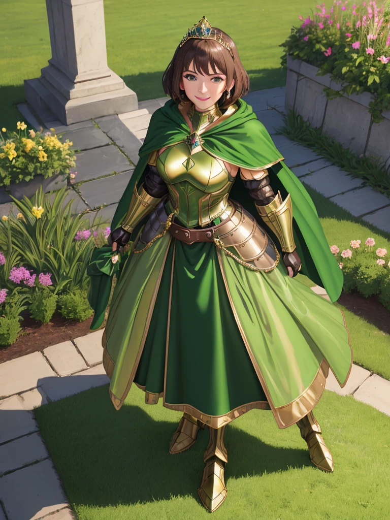 masterpiece, best quality:1.2), 1girl, smile, looking at viewer, green eyes, short brown hair, princess, armor, , pauldrons, armored dress, green cloak cape, wearing puffy blue ballgown skirt, golden tiara with green gem, armored boots, fingerless gloves, standing in medieval garden