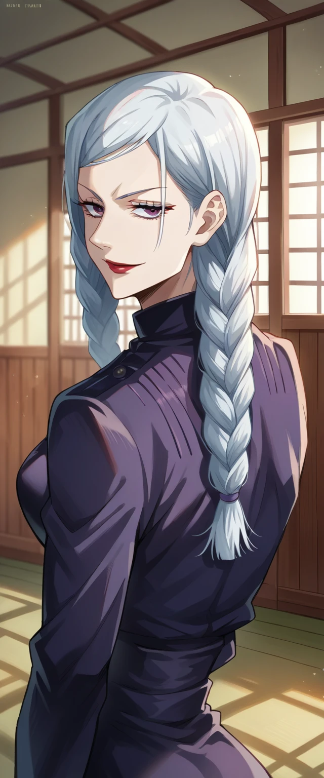 score_9, score_8_up, score_7_up, source_anime,
Meimei, Mei Mei, white braided hair, purple eyes, red lips,
Black tight dress, jujutsu kaisen uniform,
indoors, dojo, seductive pose,
solo, naughty smile, looking at viewer, 