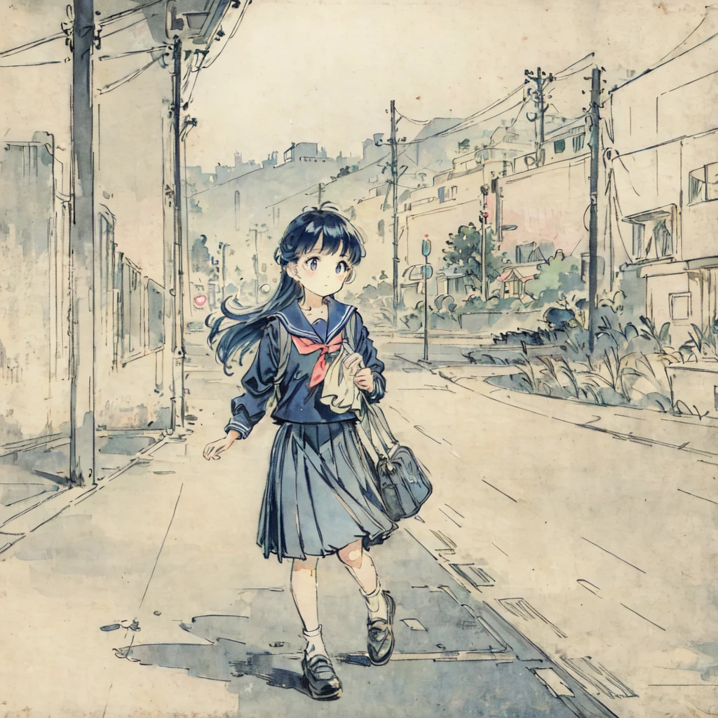 finely detailed illustration, vibrant color, best quality, masterpiece, One beautiful girl、cute、very cute、(Sailor suit、navy_blue long pleated skirt:1.1), holding school bag, Winters、purely、Neon City、nostalgic, night