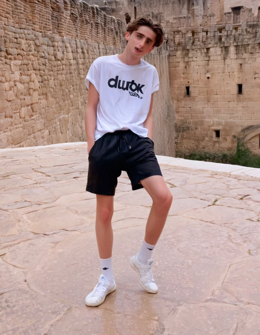 Timothée Chalamet, sweaty  boy, in outside Alhambra castle in Spain, no clothing, far from camera, whole body, braces, age 19, wavy tiktok hair, boxer, bare feet, wearing no t-shirt topless, Alhambra castle in Spain, short fine armpit hair, flexing, in the water, veiny arms, cute, tall, lean, not muscular, wispy pubes, muscular teen boy masterpiece, high resolution, feet visible, no shoes, very dirty feet, skinny, tall, foot fetish, tall boy, teen, braces, best quality, sticky armpit hair, sticky, glue on floor, wet floor, sticky clothes, drops on underwear, drops on shorts, sticky on shorts, drops on floor, sweaty face, sweaty hair, Dune by Herbert, Science fiction