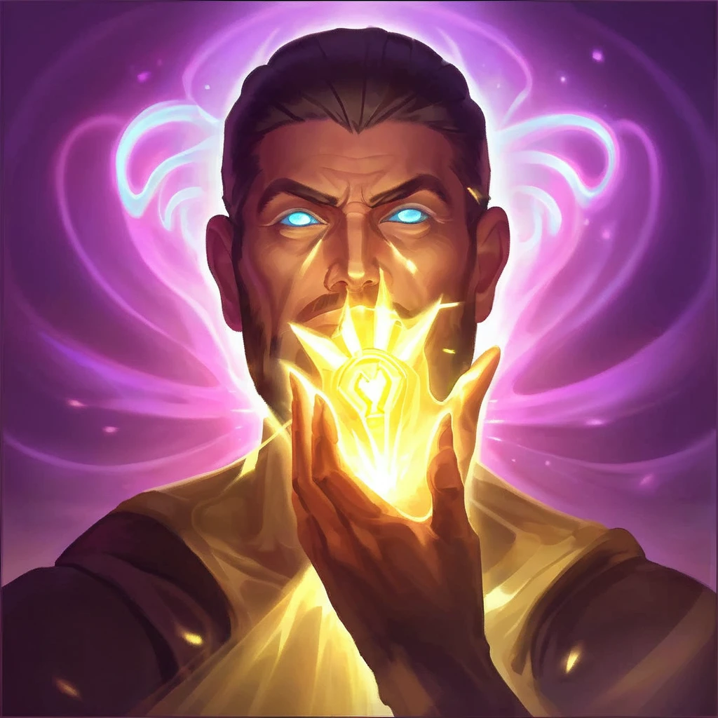 Create an icon featuring a man with shining eyes. He is depicted with two hands, not his own, touching either side of his head, symbolizing mind invasion. The man's expression should convey a sense of being passively controlled or influenced, with a subtle glow around his eyes to highlight the mental invasion. The overall style should be clean and modern, suitable for an icon, with clear lines and a minimalistic color palette.