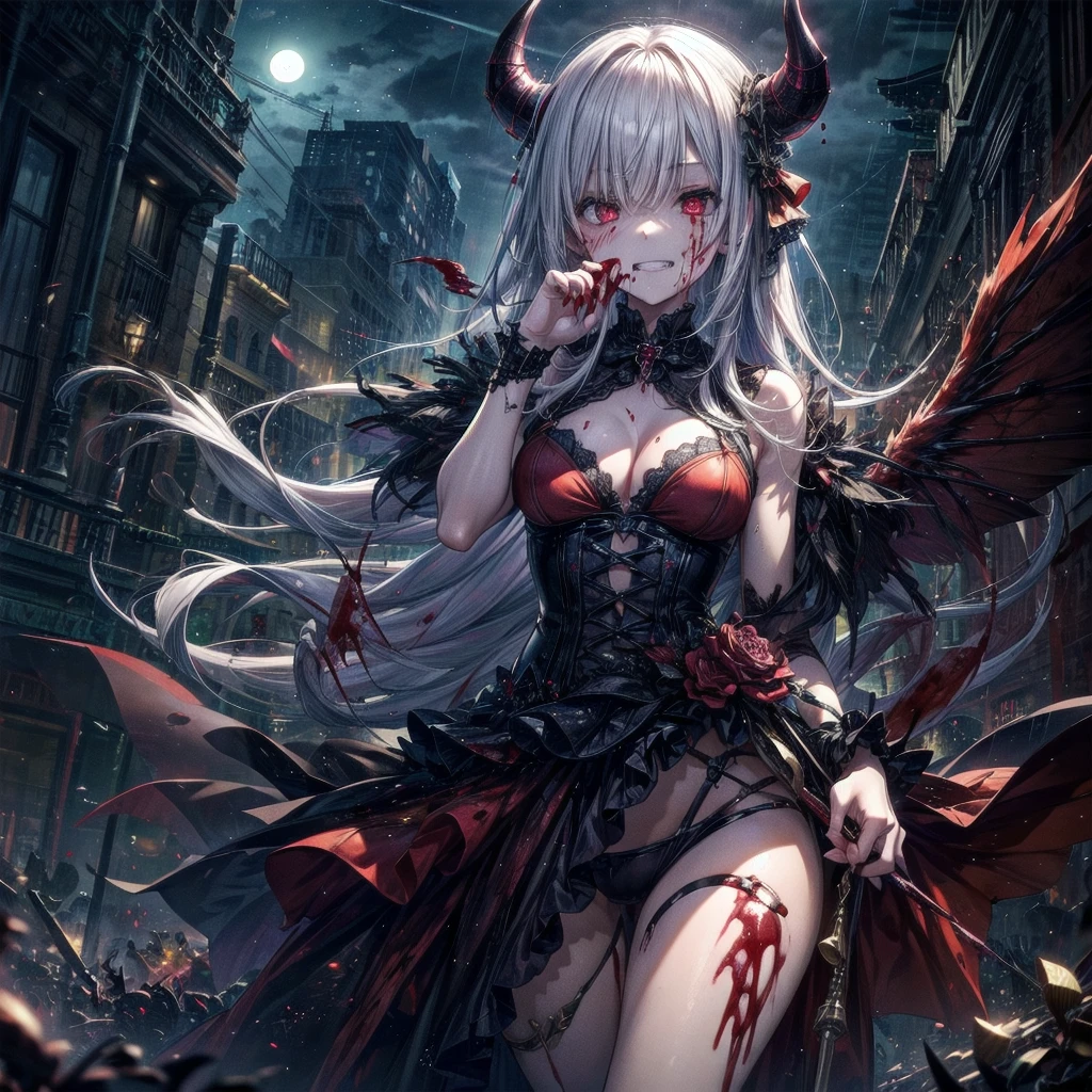 死んだ腐ったBloodに飢えた邪悪なzombie, Girl Venom, 黒い共bornborn物が付着している, Bloodまみれの, Evil look, Psychopathic, Torn clothes, Torn costume, sexy, reveal, Combat Stance, Very detailed, Vibrant appearance, Creative Action, Very detailed, Imaginative, Sensual, Voluntary, Small breasts, sexy, reveal, Highest quality, skinの質感, Intricate details, (Highest quality, masterpiece, 超High resolution), (8k wallpaper, High resolution, High resolution, born), (credibility: 1.4), (whole bodyショット), One girl, ((Anime Girls)),,(Bloodしぶき:1.6), ((Fantasy Witch Costume)), ((Flowing white hair)), ,(Bloodしぶき:1.6),Female curves, Large Breasts, Thick thighs, sexyな平らなお腹, 完璧なhand, 完璧なアニメのface, ((dark lolita dress)), Are standing, ((Wicked Smile)), ,(Bloodしぶき:1.6),In the Victorian city, gaslight, Steam circulates, Moonlight Illumination, night間照明, A sky filled with stars and galaxies,disaster々new devil horns,,(Bloodしぶき:1.6),アニメzombie魔女デザイン, ねじれた笑face、Bloodまみれの、頭からの出Blood、Bloodしぶき、,(Bloodしぶき:1.6),Crossbones, skull, Streetwear Design, Provector, Horror Style, Full Design, Huge breasts, Very detailed, Realistic, Dark fantasy, Gloomy atmosphere, Intricate details, Crazy Smile, 狂ったeye, A cute and luxurious hair band,(masterpiece:1.2, Highest quality), Scary atmosphere、Distorted facial expressions、Horror Art、Bloodの雨、Bloodを流す、Bloodしぶき,(Bloodしぶき:1.6),悪魔のeye、redいeye、scar、火scar、whole body、Torn hair of a woman dressed in slave clothing、（Long Hair）、（eyeにかかる長さの前髪）、Black Hair、（（（eyeの下のクマ）））、青白いskin、Feeling unwell、Pathological、邪悪な笑face、狂ったeye、（Grin）Dramatic makeup，Create mixed media art、,Horror 1 Girl, Open_mouth, , red_eye, Blood, Tilt_red_skin, Injury, Blood_in addition_face, Bandaged_arm, Blood_in addition_zombie, Blood_in addition_hand　, Open your eyelids wide, The trend is all, mouthを大きくOpen, mouthを開けてteethをむき出しにする,獣のような鋭いteeth, Wide lips, 非常に広いmouth, Vermilion cheeks, blonde, ,(Bloodしぶき:1.6),Princess Cut, Ribbon hair ornament, brooch, Otaku Room, Well-built body, Nice body, Ample breasts, Thick body,eyeを大きく開いて、Scary atmosphere、Distorted facial expressions、ねじれた笑face、Bloodまみれの、頭からの出Blood、Bloodしぶき、whole body、,(Bloodしぶき:1.6),Long Hair、Long bangs、Well-built,Broad shoulders,I focus,(face),Messy Hair,いeye,(光るeye),red信号,笑face,big 笑face,teeth,psycho 笑face,gesugao,Dark city background,darkness,night,(close),良いeye, 良いteeth,サディスティックな笑face,,all,光沢のあるskin,詳細なface,Beautiful body,　mouthからの白い息　Luxurious lace long gloves