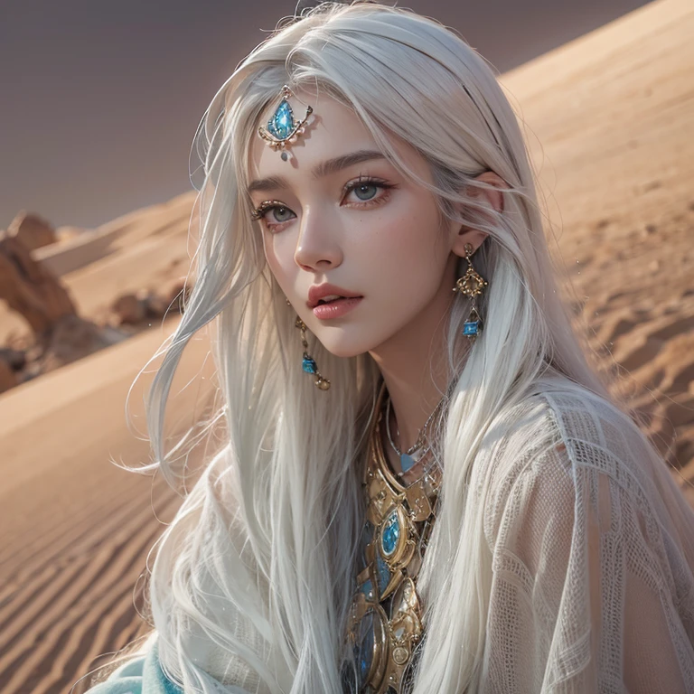 (Highest quality、masterpiece、8K、Best image quality、Ultra-high resolution、Award-winning works)、A beautiful white-haired woman watches over us from afar in the desert......, Where the moonlight shines.、Ancient Islamic clothing、Beautiful face drawn in every detail