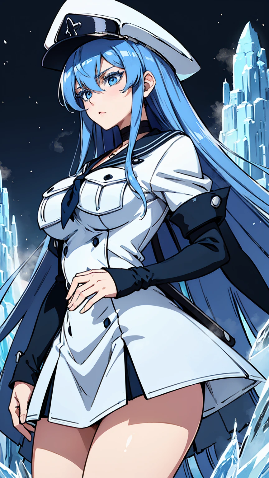 (artwork, best quality) a girl with long blue hair, blue eyes, blue eyelashes, white sailor suit with captain's hat, big breasts, perfect body, pretty eyes, good waist, tattoo, annoying, blowing cold steam, on an ice wall, ice spikes behind, at night