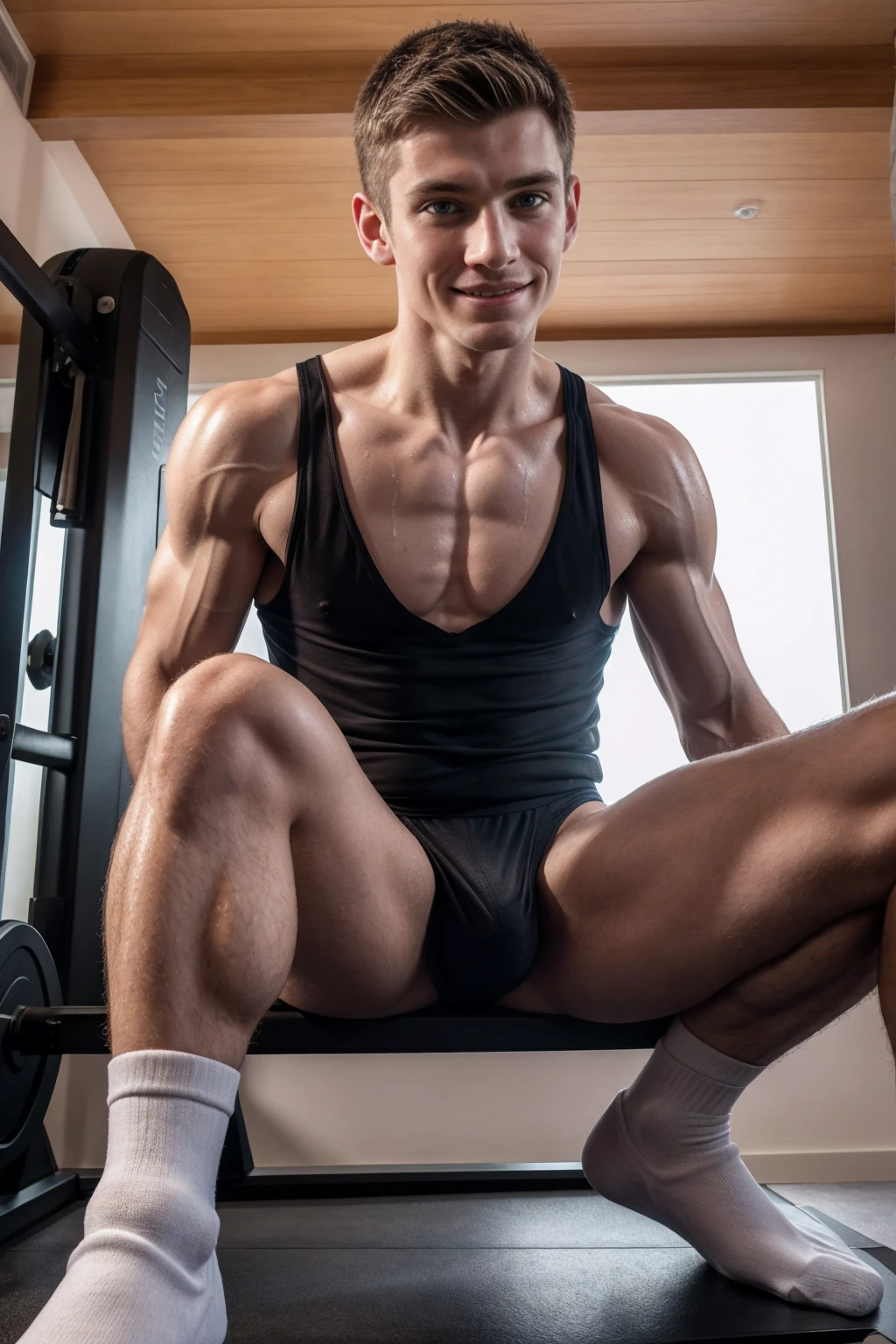 1boy, (Blue Eyes), happy smile,American boy,,young, slim body, slender, skinny body build, child-like,White Teenage boy , sitting on a gym bench, sweaty brow, smiling, ADConrad is a sexytrainer, sweaty white tank top, black micro thong with medium bulge, white socks, sneakers, ((full body portrait)), wide angle ,wearing black micro thong with medium bulge,pale skin, skinny, good lighting, very pale skin, light skin, model with attractive body,medium bulge and medium butts,(Best quality, 8k, Masterpiece). High Detail , superior quality, natural lighting, beautiful, sexy, correct anatomy, good composition,realistic shapes, realistic skin tones,Natural eyes,realistic eyes,looking up at viewer,vpl,realistic muscles,Realistic wrinkles on the skin,Realistic arms and legs,Realistic face,realistic hair,Make a sexy and seductive face,, Clear Focus: 1.2, Perfect Body virile: 1.4 , Slender Abs: 1.2, Highly detailed face and skin texture, detailed eyes, double eyelids, big upper lip, man focus,amazing composition, front view, HDR, volumetric lighting, ultra quality, elegant,Post a erotic photoshoot,Realistic pose,detailed hair,full body,Fujifilm XT3 photorealistic art by midjourney