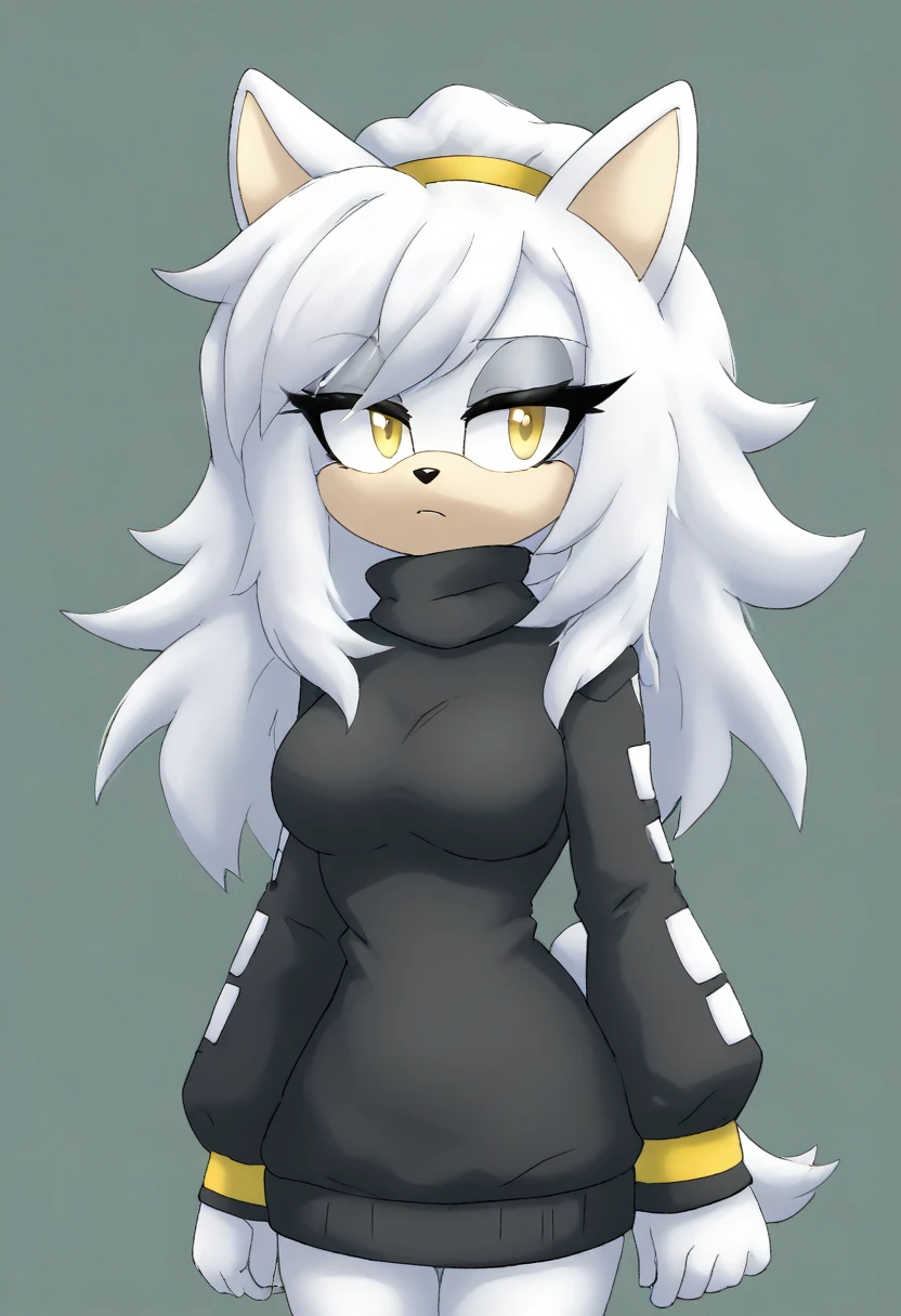 (1girl), (solo), Female wolf, brownish fur, long hair, white highlights, 3 large hair bangs, (side locks/quills over shoulders), yellow eyes, white patches of fur around eyes, (medium breasts), (black sweater), turtleneck, yellow headband, light skin colored muzzle and inner ears, eyelashes, expressionless, daytime, mobian, mobius city, sexy