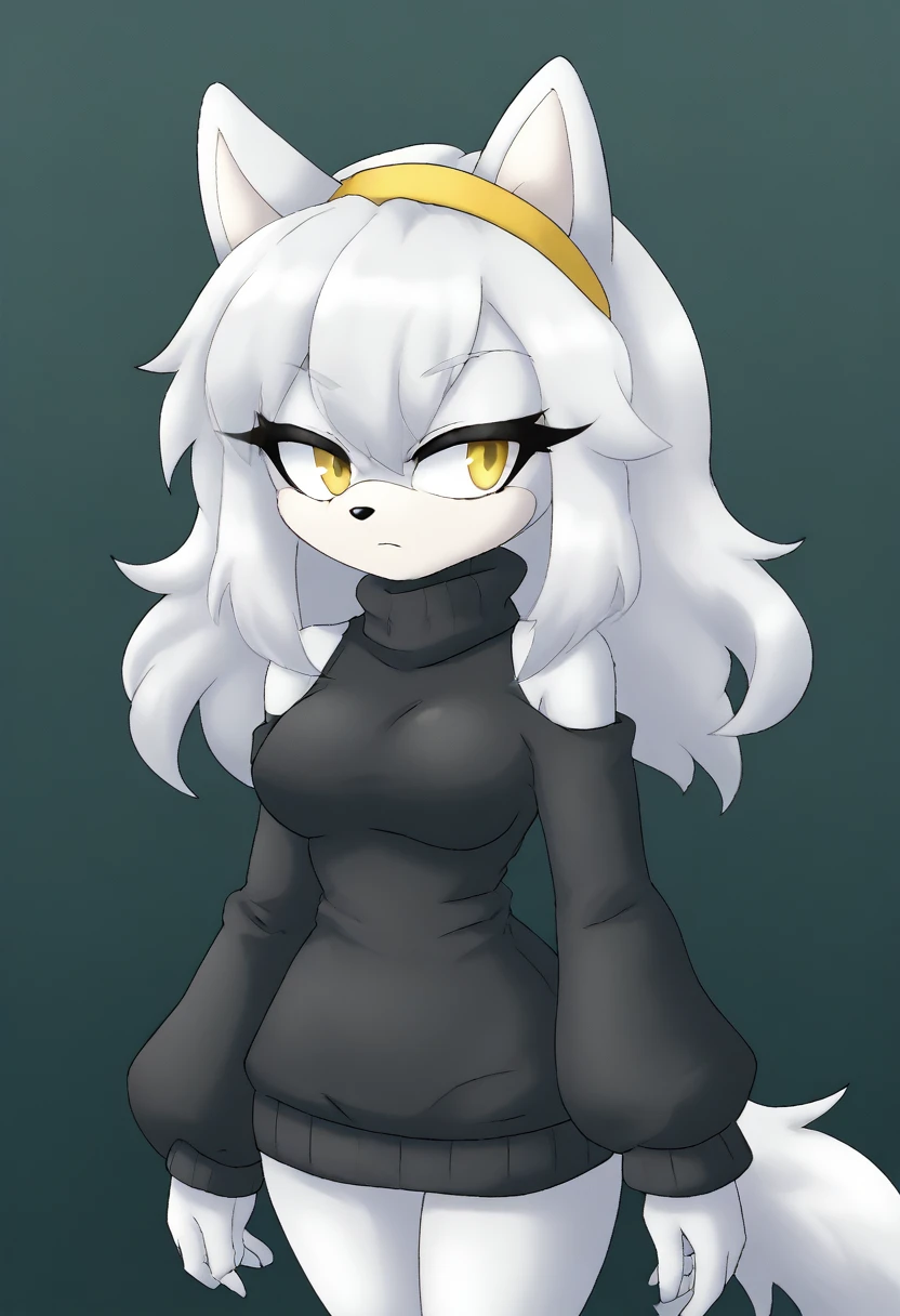 (1girl), (solo), Female wolf, brownish fur, long hair, white highlights, 3 large hair bangs, (side locks/quills over shoulders), yellow eyes, white patches of fur around eyes, (medium breasts), (black sweater), turtleneck, yellow headband, light skin colored muzzle and inner ears, eyelashes, expressionless, daytime, mobian, mobius city, sexy
