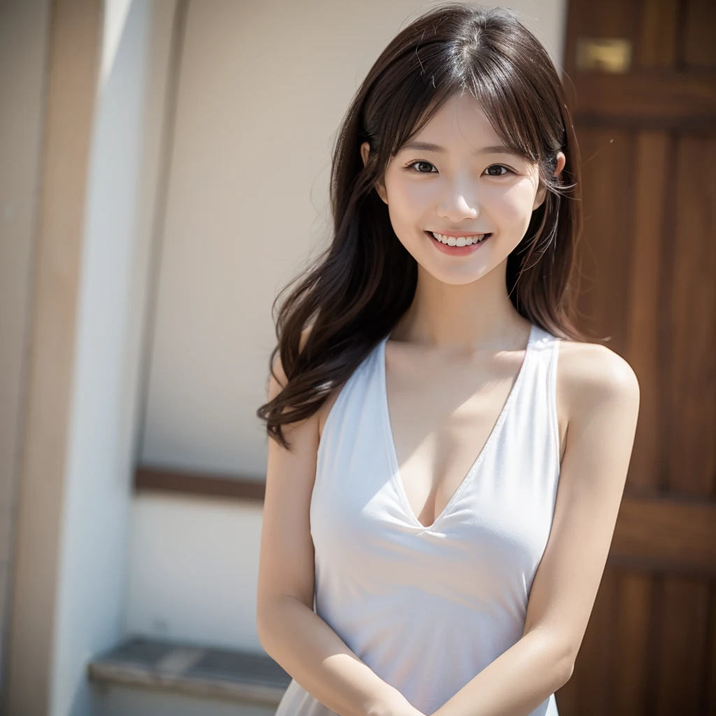 young girl of 32 years, very thin, smiling, posing, Women's Sexy Low Waist Denim Skirt, ruffled pleated mini skirt, Short skirt for Bar and night club, tight open back top, multi color top, on the sea trip, standing, summer day, black fur, maximum quality, Ultra realism, 8k, maximum detail, maximum resolution,