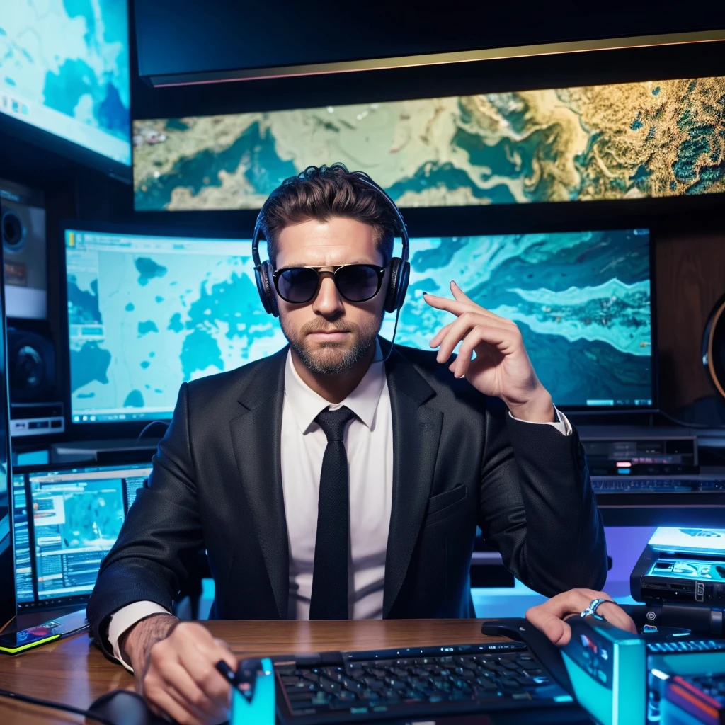 arafed man in sunglasses sitting at a desk with a laptop and microphone, a computer rendering by Nicholas Marsicano, trending on pexels, digital art, twitch streamer / gamer ludwig, high quality portrait, sitting in front of a microphone, twitch streamer, cool looking, rapping into microphone, youtuber, background artwork, with head phones