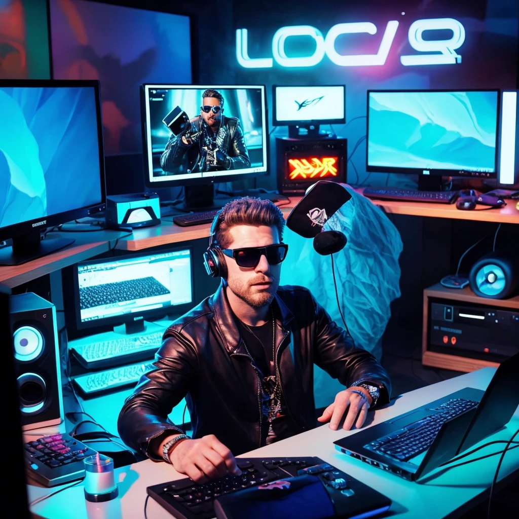 arafed man in sunglasses sitting at a desk with a laptop and microphone, a computer rendering by Nicholas Marsicano, trending on pexels, digital art, twitch streamer / gamer ludwig, high quality portrait, sitting in front of a microphone, twitch streamer, cool looking, rapping into microphone, youtuber, background artwork, with head phones