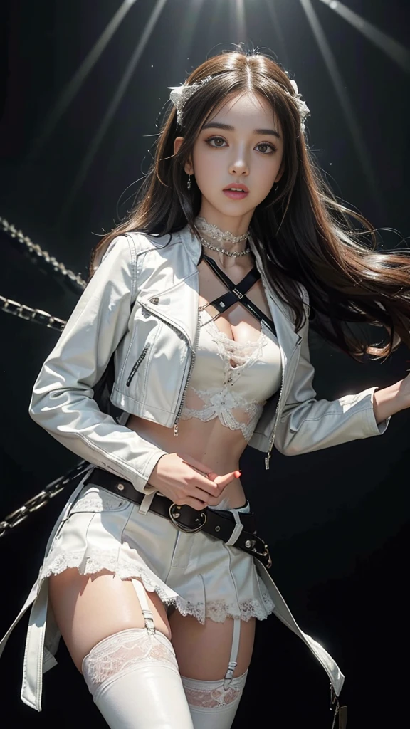 8K, ultra hd, masterpiece, hd colors, 1 girl, perfect face, very long curly hair, detailed eyes, rockstar outfit, ((white leather jacket)), ((thin vest)), underwear, belt:1.5, stocking, ((criss-cross lace)), ((chain)), stars, ((criss-cross on waist)), jwellery, Realistic club, lighting stage, (spot light:1.5), night club, decorated stage, bulbs, (glowing light:1.5), bloom lighting, foggy effect, front body pose,