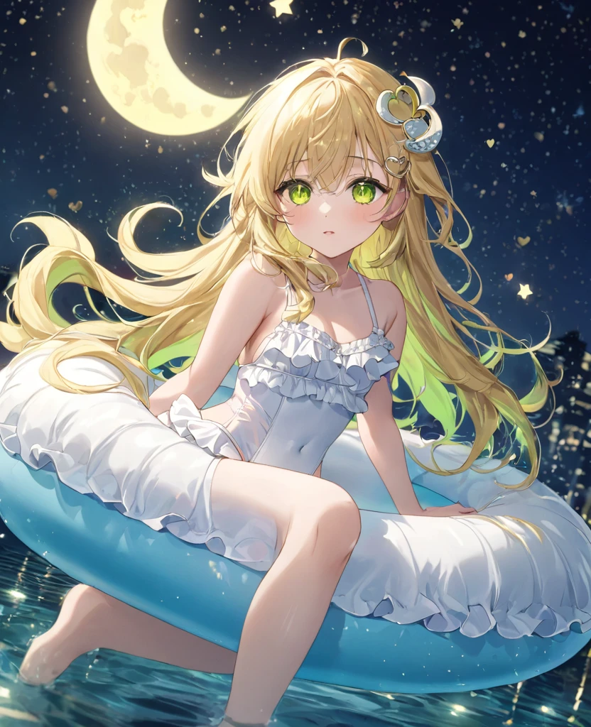 (masterpiece, best quality:1.2), (absurdres, highres, ultra-detailed), (perfect anatomy), 
Beautiful adult woman、Night Pool、Riding on a cute float、Blonde、Fluffy longhair、Yellow-green eyes、Background glitter、night、Crescent Moon、heart、White frilly swimsuit

(8K, RAW photo:1.2),detailed face and eyes,intricate detail ,masterpiece ,sharp focus, high quality,BREAK,rating: general, newest