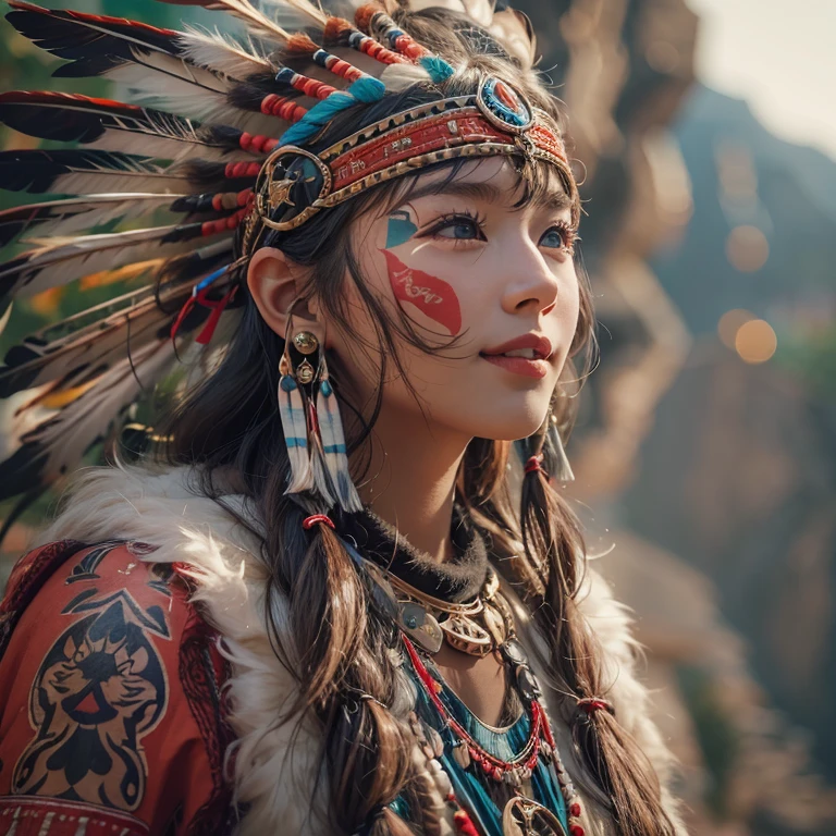 At the Grand Canyon、Hair flow、 ((Highest quality、masterpiece、8K、Best image quality、Ultra-high resolution、Award-winning works)、(Accurate anatomy:1.1)、(Look at me and smile:1.1)、Shining fair skin with Ultra-high resolution、The most detailed face、Ultra-high resolution detailed face、Ultra-high resolutionの髪の毛、(Ultra-high resolutionの煌めく瞳:1.1)、Beautiful face drawn in every detail、(Blurred Background:1.1)、Native American Costume, American Indian Clothing, Chest to chest, tattoo、A real giant condor next to you。