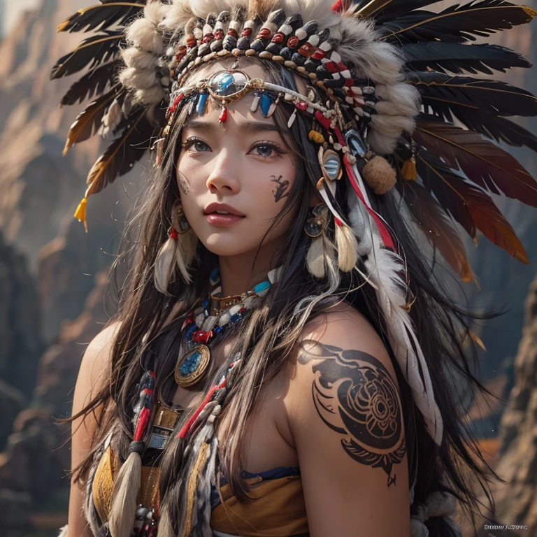 At the Grand Canyon、Hair flow、 ((Highest quality、masterpiece、8K、Best image quality、Ultra-high resolution、Award-winning works)、(Accurate anatomy:1.1)、(Look at me and smile:1.1)、Shining fair skin with Ultra-high resolution、The most detailed face、Ultra-high resolution detailed face、Ultra-high resolutionの髪の毛、(Ultra-high resolutionの煌めく瞳:1.1)、Beautiful face drawn in every detail、(Blurred Background:1.1)、Native American Costume, American Indian Clothing, Chest to chest, tattoo、A real giant condor next to you。